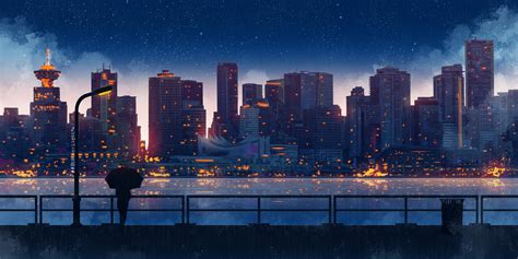 Anime City Lights Night Rain Umbrella Sky 5k Hd Artist