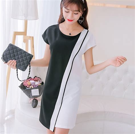 summer dress women clothing bodycon dress korean cute short sleeve dress black white patchwork