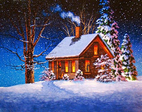 Holiday Christmas Artistic House Snowfall Holiday Cabin Tree Snow