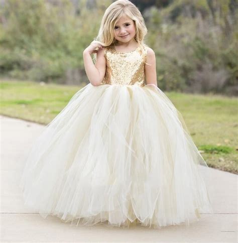 Puffy Flower Girls Dresses Ivory Champagne Tulle Bling Gold Sequins Top
