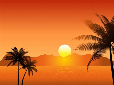 Tropical Sunset Scene With Palm Trees Free Vector