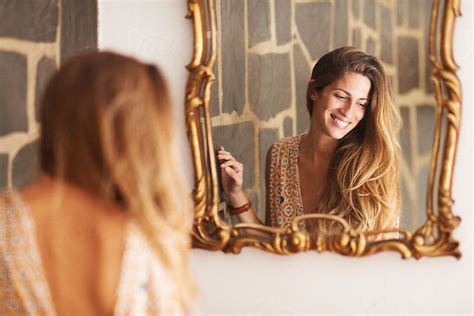 Beautiful Peruvian Woman Smiling In A Mirror By Guille Faingold