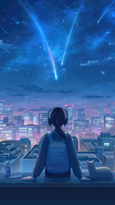 Free Download Anime Girl Alone Cat Night Sky Stars City Scenery 4k