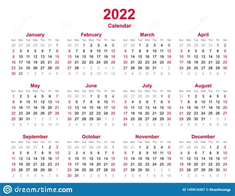 2022 Jährlicher Kalender 12 Monate Jährliche Kalender Im Jahre 2022