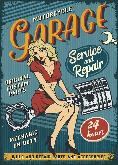 Retro Garage Pin Up Girl Poster Picture Metal Print Paint By
