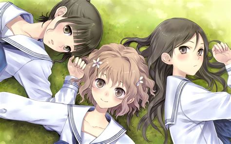 Three Anime Character Lying On Grass Digital Wallpaper Hd Wallpaper
