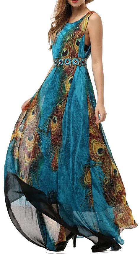 Womens Dresses Peacock Printed Bohemian Summer Vestidos Maxi Dress Plus Size 1106 In Dresses