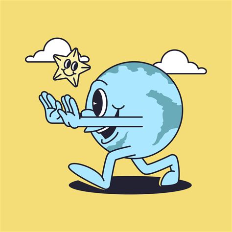 Retro Globe Cartoon Mascot Character Happy Vintage Walking Earth