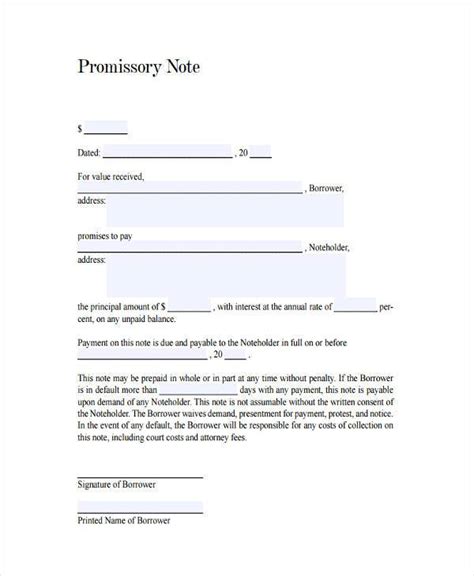 Printable Promissory Note Agreement
