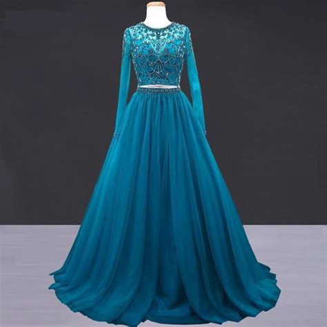 Long Sleeves Teal Two Pieces Prom Dress Long Party Dresshb193 Teal