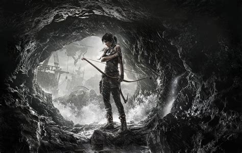 Wallpaper Rise of the Tomb Raider, game, cave, rain, bow, water, ship, lara croft, screenshot ...