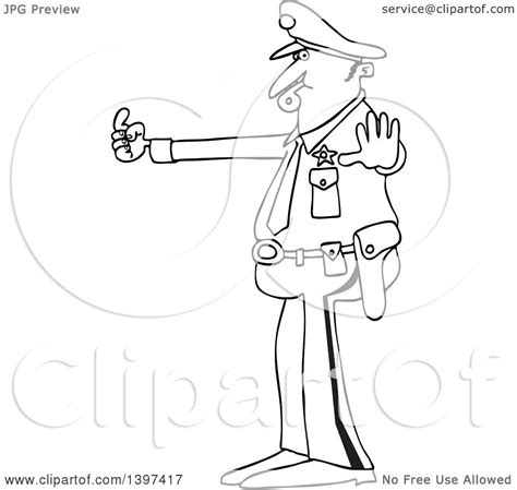 Clipart Of A Cartoon Black And White Lineart Male Police Officer