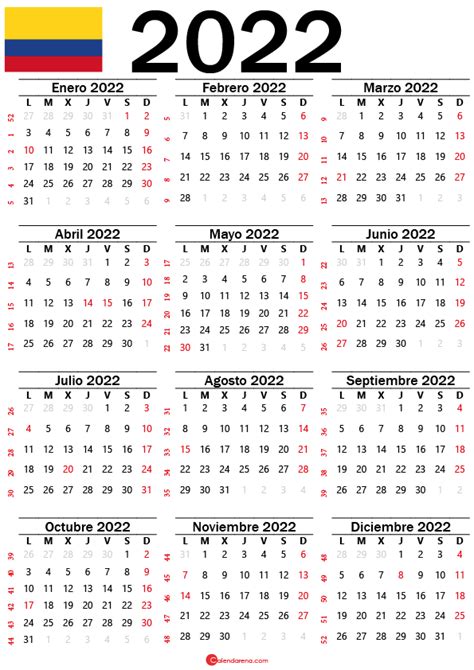 Calendario 2022 Colombia Con Días Festivos Para Imprimir