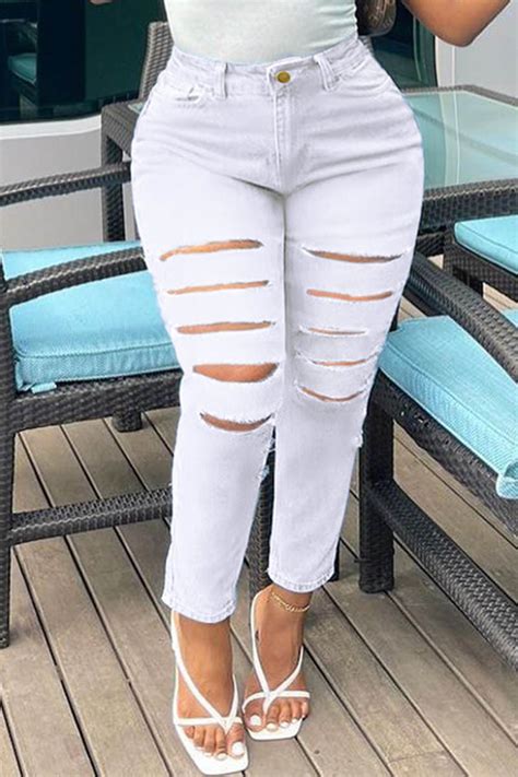 Fashion White Fashion Casual Solid Ripped Plus Size Jeans For Sale