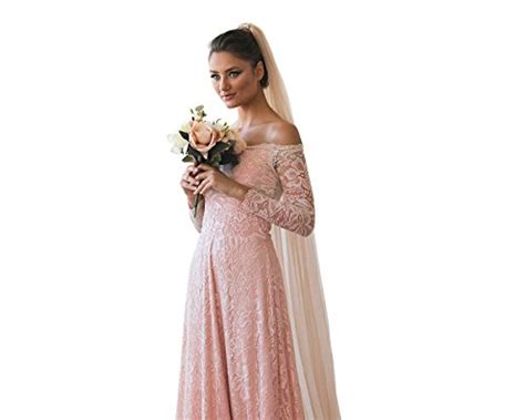 Pink Off The Shoulder Floral Lace Long Sleeve Gown With Train Large