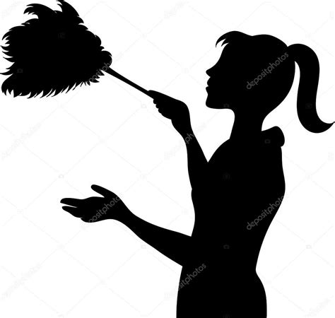 Clip Art Illustration Of The Silhouette Of A Maid Dusting With A Stock