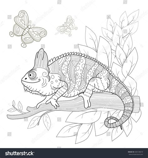 Hand Drawn Decorative Chameleon Sitting On Stock Vector Royalty Free