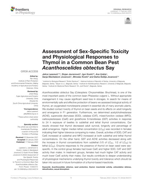 Pdf Assessment Of Sex Specific Toxicity And Physiological Responses