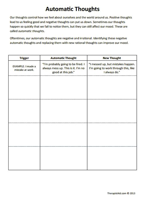Automatic Thoughts Worksheet Therapy Worksheets Cbt Worksheets Cbt