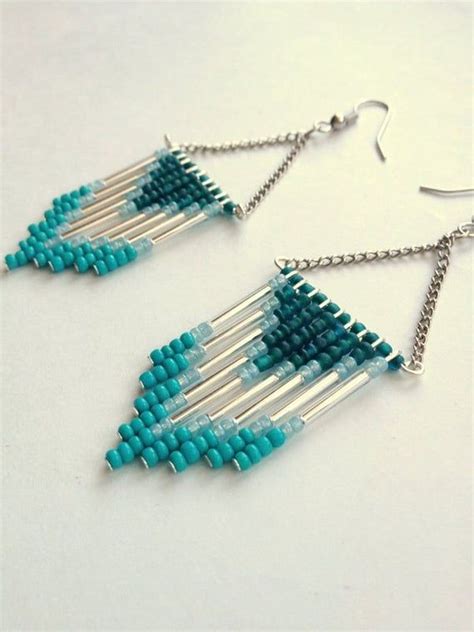 Items Similar To Hand Beaded Teal And Turquoise Chevron Earrings On