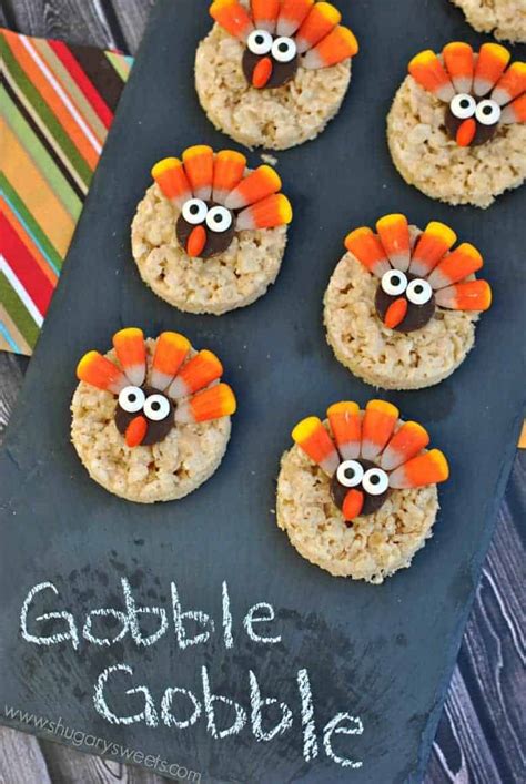 Looking for thanksgiving desserts for kids to make? Turkey Rice Krispie Treats - Shugary Sweets