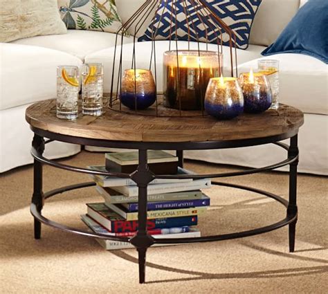 Rustic reclaimed wood coffee tables. Parquet Reclaimed Wood Round Coffee Table | Pottery Barn