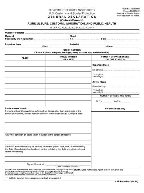 Us Customs Form Cbp Form 7507 General Declaration Agriculture Customs Immigration And