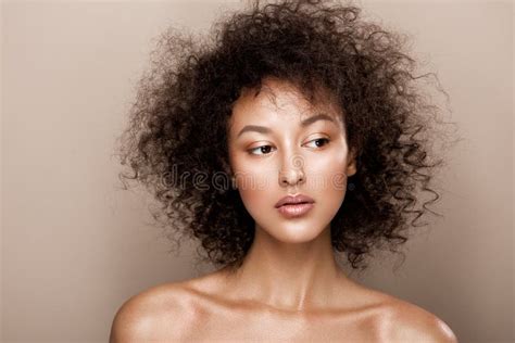 Portrait Beautiful African American Woman Perfect Smooth Glowing Mulatto Skin Make Up Stock
