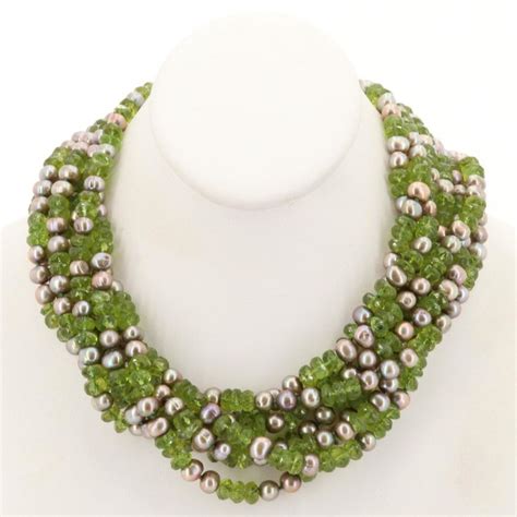 14k Yellow Gold Peridot And Cultured Pearl Torsade Necklace Ebth