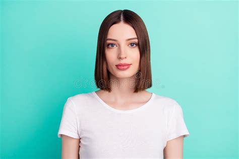 Portrait Of Attractive Calm Peaceful Content Brown Haired Girl Isolated