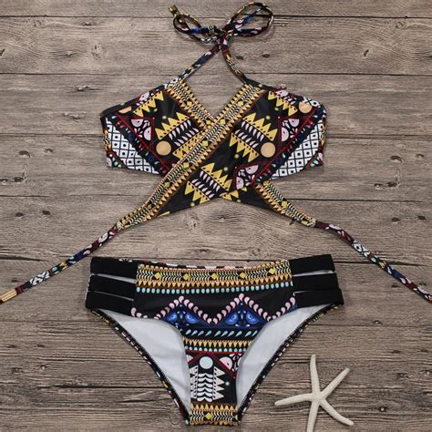 Cross Bandage Print Bikini Women Bikinis Swimsuit Hollow Out Strappy Bikini Set Sexy Bandage