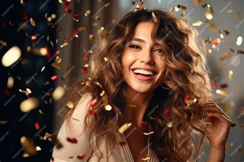 Premium Ai Image Happy Woman At Celebration Party With Confetti