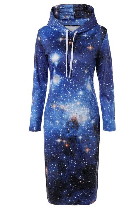 2133 Hooded 3d Galaxy Print Pocket Design Dress Casual Dresses For