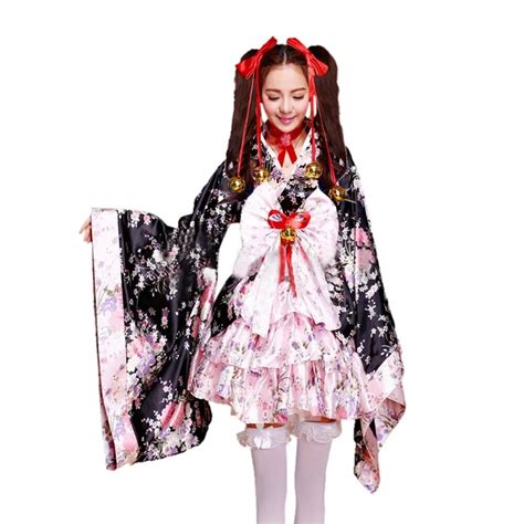 new japanese kimono cherry costume cosplay sexy women floral long sleeves tradition geisha