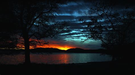 Sunset Sunlight Sky Trees Landscape Nature Clouds Lake Cyan