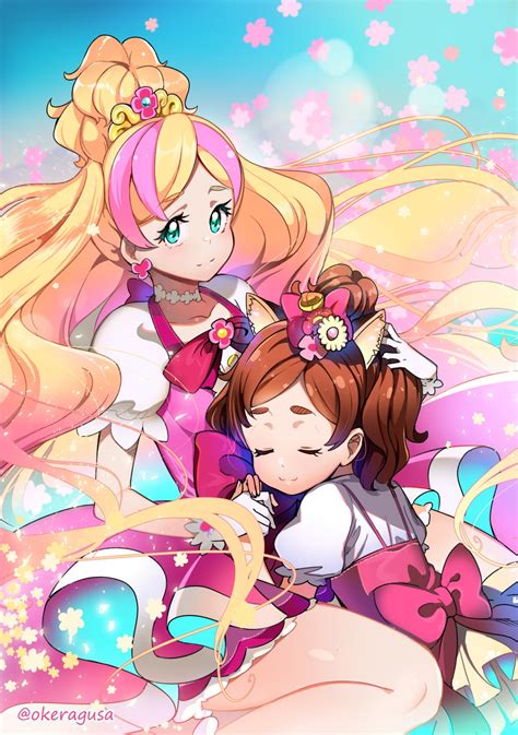 Rumo Cure Flora Haruno Haruka Go Princess Precure Precure Highres 2girls Aged Down Aqua