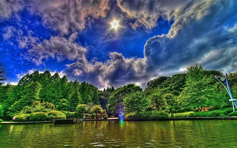 Nature Lake Green Trees Sky With Clouds Sun Wallpapers Hd
