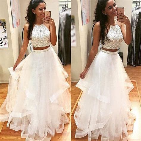 White Tulle Prom Dresstwo Piece Prom Dressessequined Long Prom Dress