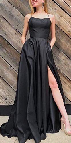 Jasy Womens Spaghetti Satin Long Black Prom Dresses With Pockets