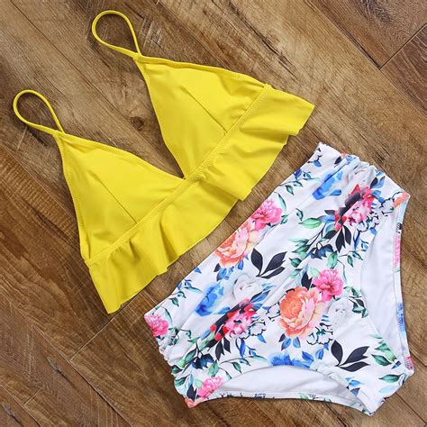 Ruffled Bikini Yellow Floral Swimsuit High Waist Bikini Set Women