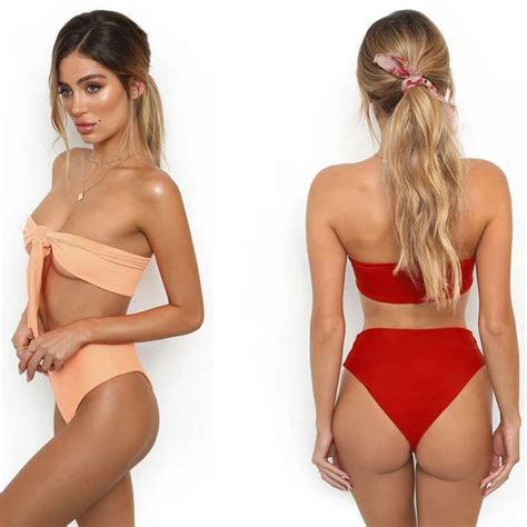 Gxqil 2018 Summer Triangle Bikini Suits Women High Waist Brazilian Bikini Set Red Bandage Female