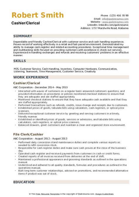 Cashier Resume Examples Sample With Skills Tips 41 Off