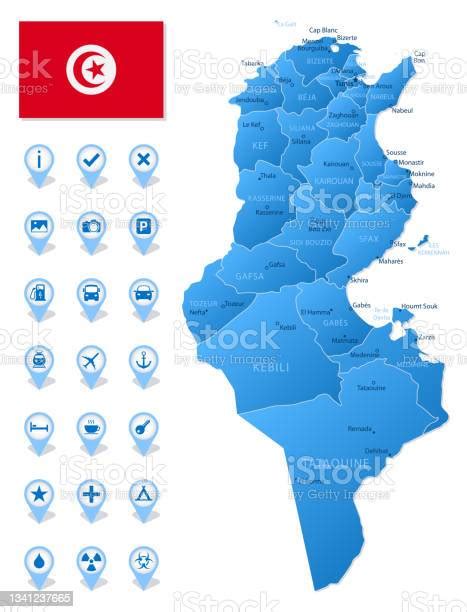 Blue Map Of Tunisia Administrative Divisions With Travel Infographic