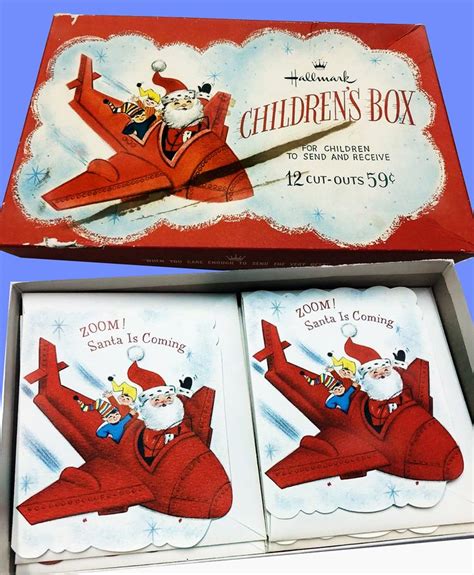 Vintage Boxed Christmas Cards Of Santa Flying A Red Jet Christmas