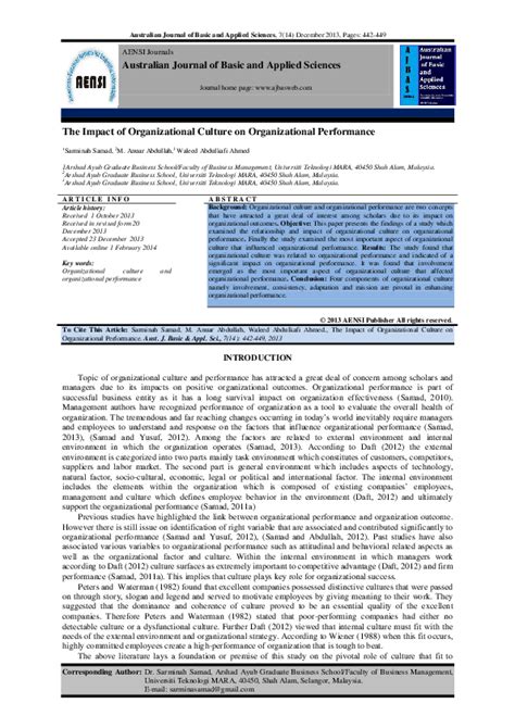 (PDF) The Impact of Organizational Culture on Organizational Performance | sarmina Samad ...