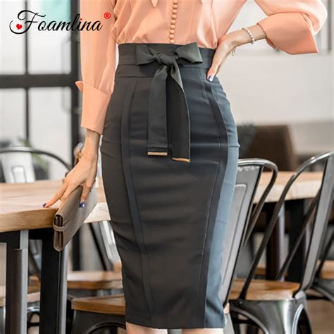 Foamlina Elegant Womens Pencil Skirt 2018 New Fashion Korean Ol Style Bowknot High Waist Knee