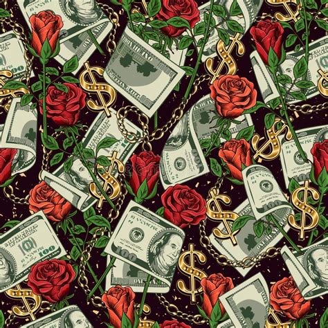 Money Seamless Pattern With 100 Dollar Bills Rose Flowers Gold Chains