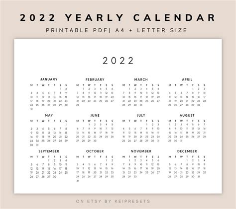 2022 Yearly Calendar Printable Pdf A4 Yearly Wall Calendar Etsy
