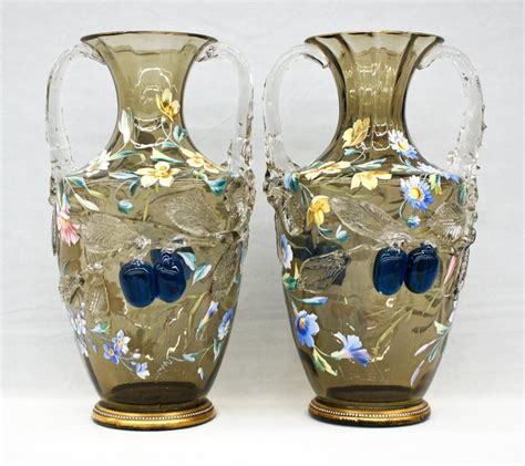 Pair Moser Floral Enameled Art Glass Handled Vases With