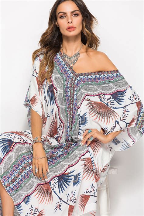 New Bohemian Dresses 2019 Women Summer Boho Beach Kaftan Dress Bohemian Floral Print Loose Split